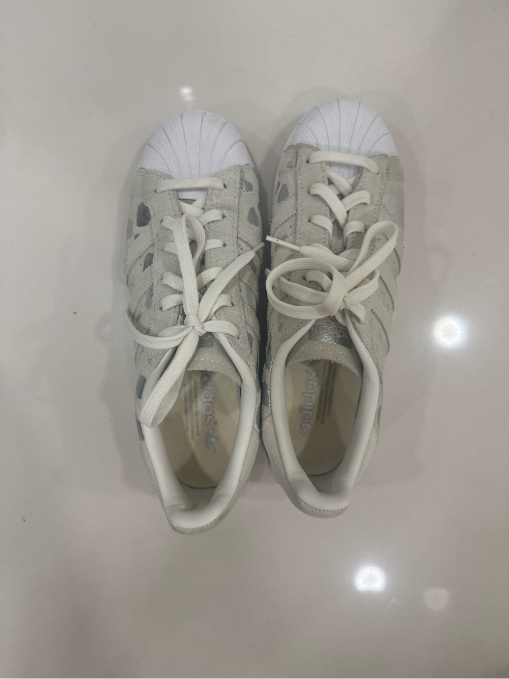 Adidas superstar White and Light Gray Suede with silver Sneakers size 7,5